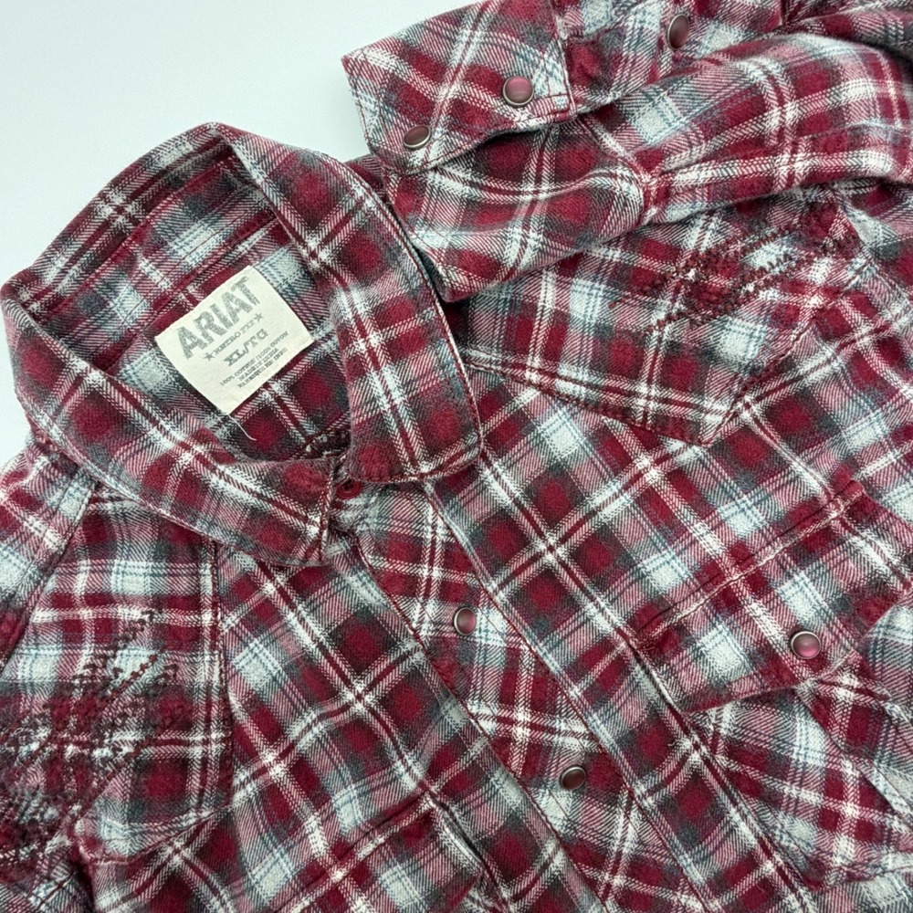 Ariat Mens Plaid Snap Button Flannel Shirt XL TALL Red Grey Western
